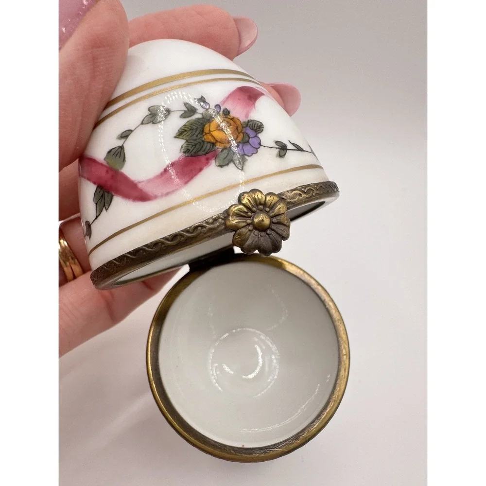 Meissen Style Egg Trinket Box Floral Porcelain Hinged Brass Mount 3